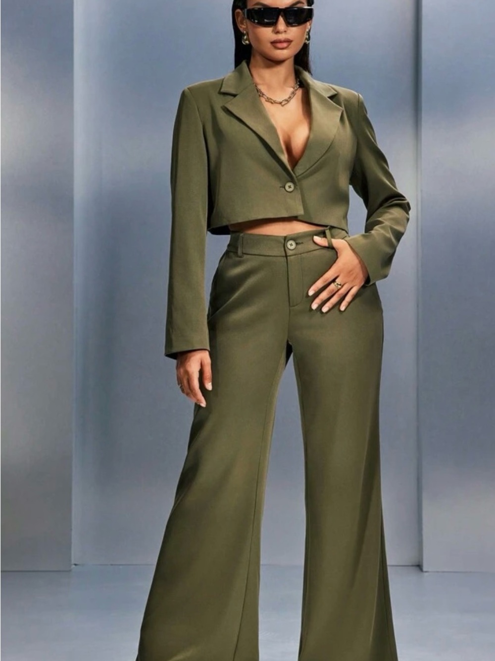 SHEIN Olive Cropped Blazer & Wide-Leg Pants Set